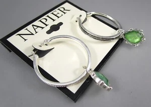 New NAPIER Silver Tone Hoop Green Dangle Post Pierced Earrings 85K - Picture 1 of 6