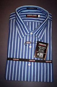 NWT KIRKLAND 80/2 NON-IRON SPREAD COLLAR DRESS SHIRT BLUE/AQUA STRIPE-16.5 36 - Picture 1 of 1
