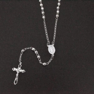 Sterling Silver 925 High Polished Diamond Cut Rosary Cross Necklace 4mm - 24" - Picture 1 of 1