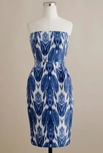 J Crew Collection NEW Silk Ikat Dress Sz 0 Tie Dye Blue Strapless Pockets $178 - Picture 1 of 6