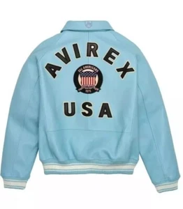 Avirex Men's Sky Blue American Flight Bomber Leather Jacket - Picture 1 of 3