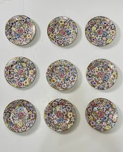 Vintage Chinese Famille Rose Millefiori Porcelain Gold Peony Flower Plates Set 9 - Picture 1 of 6