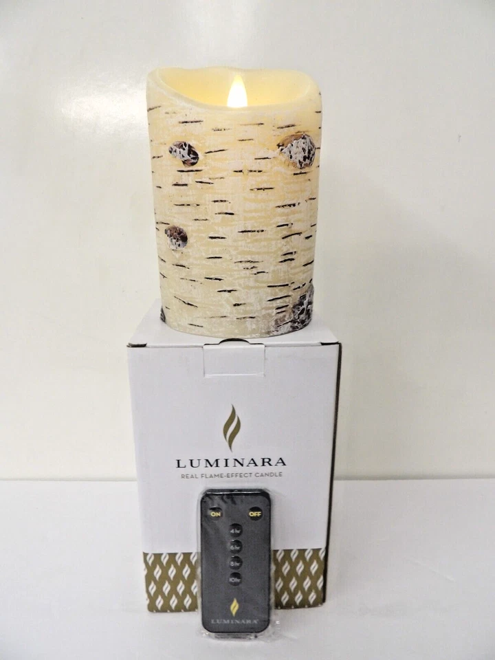 Luminara 5" Flameless Pillar Candle with Remote White Birch Bark w/ Free Wreath - Image 1 of 4