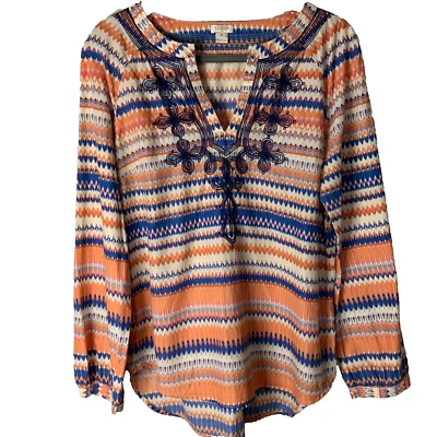 J Crew Women's Shirt M Embroidered Cotton Aztec Boho Blouse Coral Turquoise Top - Imagem 1 de 4