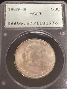 1949-s Franklin half dollar PCGS MS63, old rattler holder Gen 1.2 - Picture 1 of 2