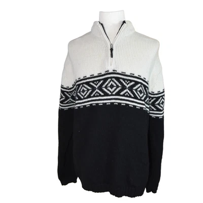 Vintage Obermeyer Mens 100% Wool Sweater Nordic Fair Isle Quarter Zip Black XL - Image 1 of 4