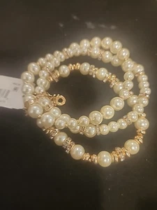 Vtg Anne Klein 3 Tier Goldtone Bracelet Chain Faux White Pearls Gold Bead A386 - Picture 1 of 6