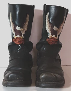 Harley Davidson Biker Boots Men's Size 10.5 GC Black Leather Embroidered Eagle - Picture 1 of 15