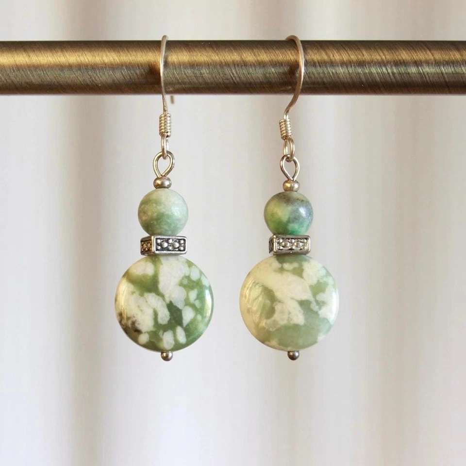 Висячие серьги ручной работы из зеленого агата с бисером богемный лес фея коттеджкор - Изображение 1 из 3