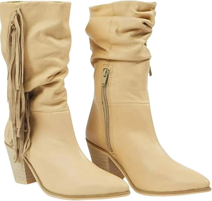 Botas de vaquero de cuero tostado con flecos para mujer talla 9 botas holgadas de media pantorrilla vaquera occidental Foto 1 de 4