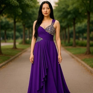 Night Moves Prom Dress Size 8 Purple One Shoulder Long Embellished Beaded Formal - Picture 1 of 15