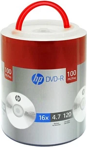 100 HP Blank 16X DVD DVD-R Branded Logo 4.7GB Media Disc Spindle with Handle - Picture 1 of 3