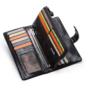 Genuine Leather Men's Long Wallet with Phone Pocket & Zipper Coin Pouch - Picture 1 of 28