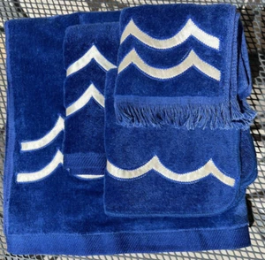 VTG Fieldcrest Blue 4 Towel Set Cream Satin Trim NOS Lord & Taylor NY Price Tag - Picture 1 of 10