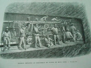 Gravure 1870 - Machine employée au creusement du tunnel du Mont Cenis - Picture 1 of 1