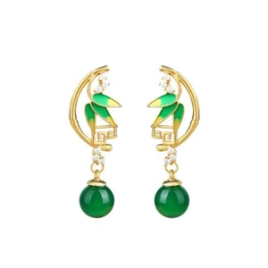 Elegantes Pendientes de Jade Chino - Diseño de Bambú Chapado en Oro con Jade y Piedras Preciosas - Imagen 1 de 3