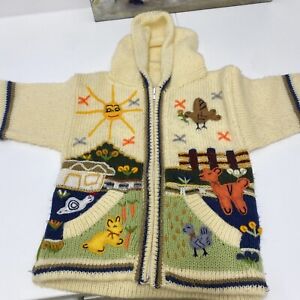 Peruvian Alpaca Wool Handmade Knit Animal Kids Hoodie Zip Cardigan Size Age 5-6