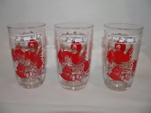 Lot of 3 Vintage 4 Ounce Juice Glasses w/Red Cartoon Birds & Elephants,White Rim - Picture 1 of 4
