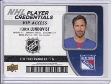 18/19 2018/19 MVP Hockey NHL Player Credentials VIP #HL Henrik Lundqvist Rangers