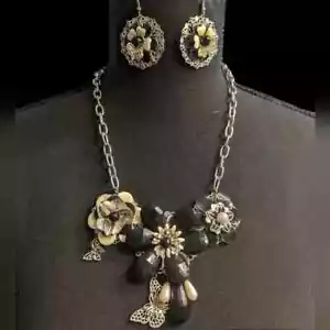 Fun Black and Ivory Floral Necklace and Earring Set with Butterflies - Picture 1 of 4