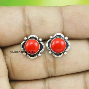 Coral Gemstone 925 Sterling Silver Handmade Jewellery Stud Earrings - Picture 1 of 4