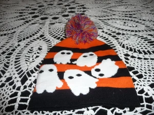 KIDS ORANGE AND BLACK GHOST HALLOWEEN BEENIE WITH POM POM - Picture 1 of 1
