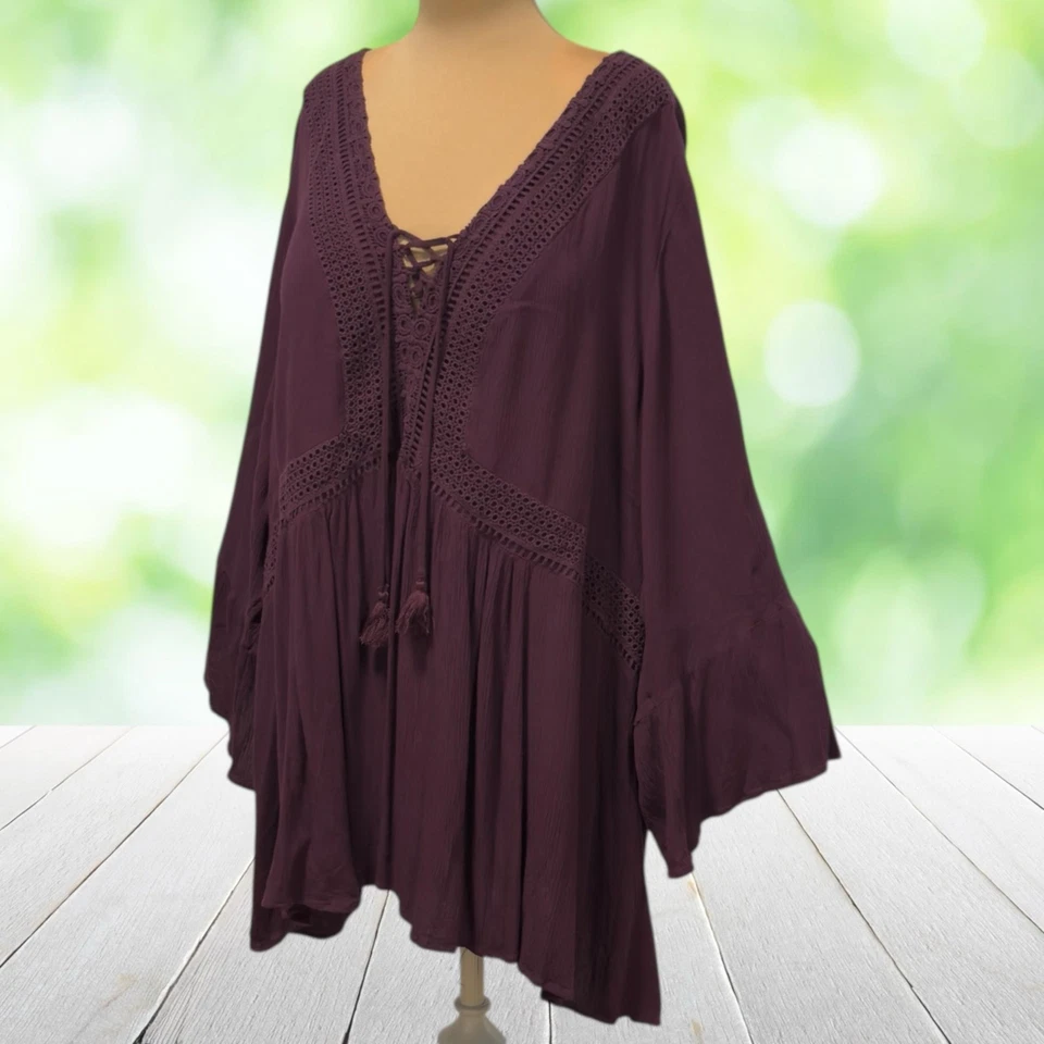 Blusa túnica boho campesina con cordones de ganchillo púrpura TORRID Top para mujer 6X borlas Foto 1 de 4