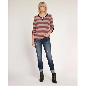 Camiseta de manga larga Liz Claiborne para mujer XL a rayas punteadas lengüeta enrollable roja marrón - Imagen 1 de 7