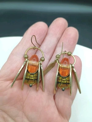 Pendientes Abeja Artesanales Gancho Colgante Articulado Insecto Tono Dorado Latón Vidrio 2" Foto 1 de 4
