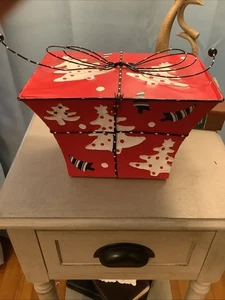 Metal Red Whimsical Christmas “Bow” Box With Black And White Holiday Accents - Picture 1 of 10