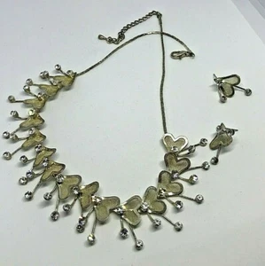 Vintage Silver Metal White Crystal Heart Necklace Pendant & Earrings Set 1980' - Picture 1 of 5