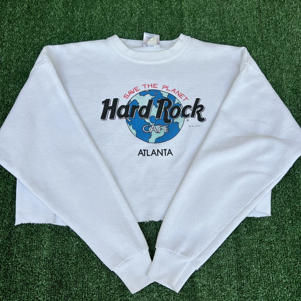 Sudadera De Colección Hard Rock Café Atlanta Para Mujer XL Blanca Cuello Redondo Recortada Años 90 Foto 1 de 4