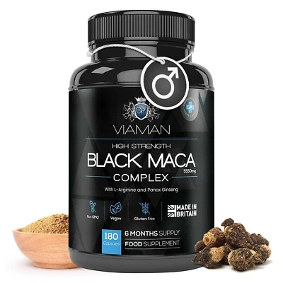 VIAMAN 180 Maca root capsules - 5550mg - Yellow & black maca - Zinc, L arginine - Vegan