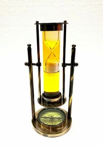 Brass Antique Finish Yellow Liquid Sand Timer Vintage Hourglass with Compass - Picture 1 of 4