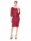 ALEX EVENINGS Red Embroidered Lace Rosette Sequin 3/4 Slv Midi V-Back Dress 16
