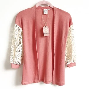 NWT Southern Grace Crochet Knit Boho Girls Open Cardigan Sweater Peach Cream 6/7 - Picture 1 of 6