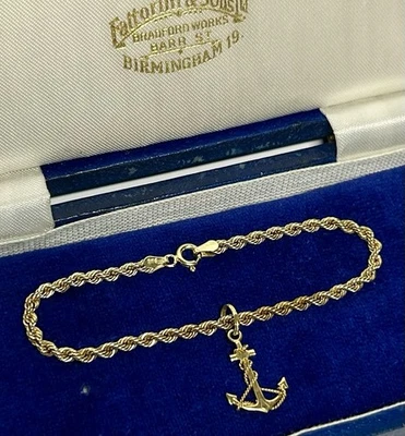 Pulsera de cuerda de oro de 9 quilates vintage para dama y dije de ancla de 9 quilates Foto 1 de 4