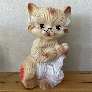 Vintage Quietschspielzeug Kätzchen Katze creme rot 60er Edward Mobley Co Pfeil Gummi Italien stumm - Bild 1 von 16