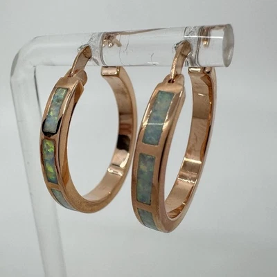 Lab-Created Opal & Block Channel Hoop Earrings Rose Gold Tone 0.94” - Image 1 of 4