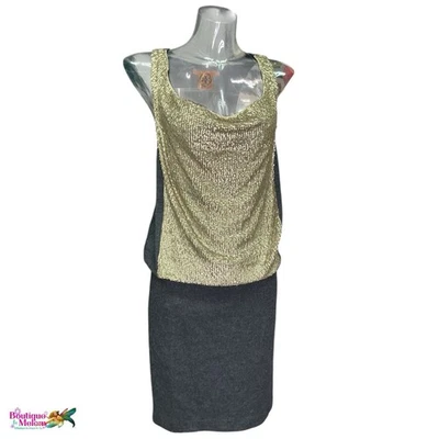 Vestido Tory Burch Talla L Gris Lana Hasta la Rodilla Lentejuelas Doradas Vaina Capucha Cuello Foto 1 de 4