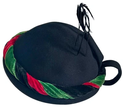 Sombrero de mujer vintage años 30 fieltro de lana negro rojo verde terciopelo plumas Merrimac 22 Foto 1 de 4