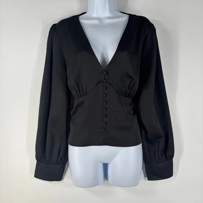 J. Top para mujer Crew talla 14 negro cuello en V profundo botón delantero satinado crepé clásico Foto 1 de 4