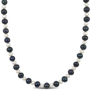 AMOUR Men's 5-8mm Cultured Freshwater Black and White Pearl Necklace Sterling - Picture 1 of 3