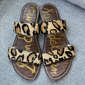 SAM Edelman 9.5 Gala Sandals Leopard Print Calf Hair Leather Flat Double Strap - Picture 1 of 8