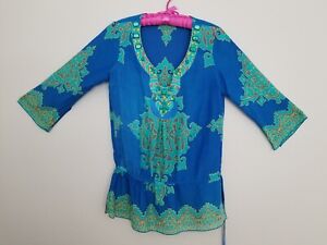 Hale Bob Cabana Women's Cotton/Silk Blend Beaded Neck Tunic Blue/Green Top Sz S