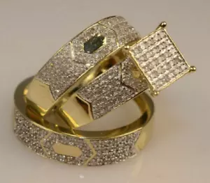 His Her Herren Damen Trio Moissanit Ring Set Hochzeit Braut Band 14K vergoldet - Bild 1 von 5