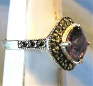 Vintage Purple Rhinestone Marcasite Sterling Silver Signed Ring Size 6 - Picture 1 of 5