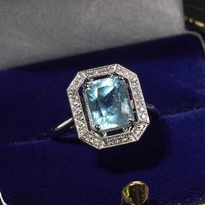 Platinum 950 Art Deco Emerald Cut Blue Aquamarine Diamond Halo Ring 3ct Natural - Image 1 of 4