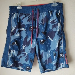 Diesel Swim Trunks Mens Large Blue Tropical Elastic Waist Drawstring Pocket FLAW - Picture 1 of 13