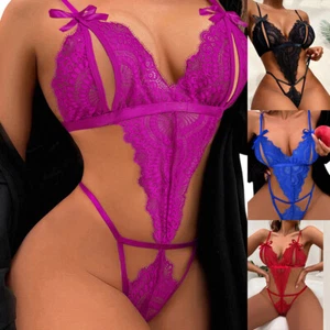Sexy Ladies ️ Women Bow Lace Up Bra Set Lingerie Nightwear Sleepwear G-String - Picture 1 of 13